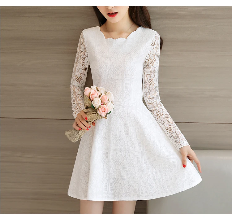 2017 Autumn New Arrivals Women Lace Dress Korean Sexy Slim Solid Lace Long Sleeve A-line Dress Plus Size White Office Mini Dress