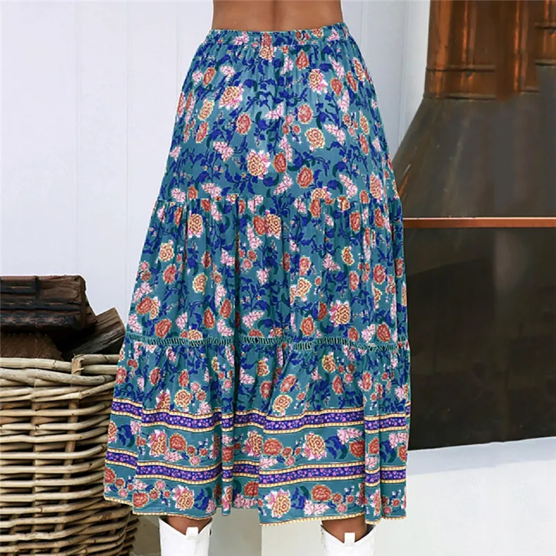 Skirt Women's Bohemian Women Skirts Half-length Print Skirt A-line Long Skirt Casual Retro Skirt Sexy Floral Skirts H18 (3)