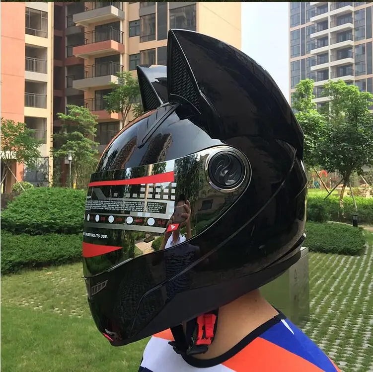 

Cat ears motorcycle helmet men's personality cool full face helmet locomotive anti-fog ladies cat ears black helmet