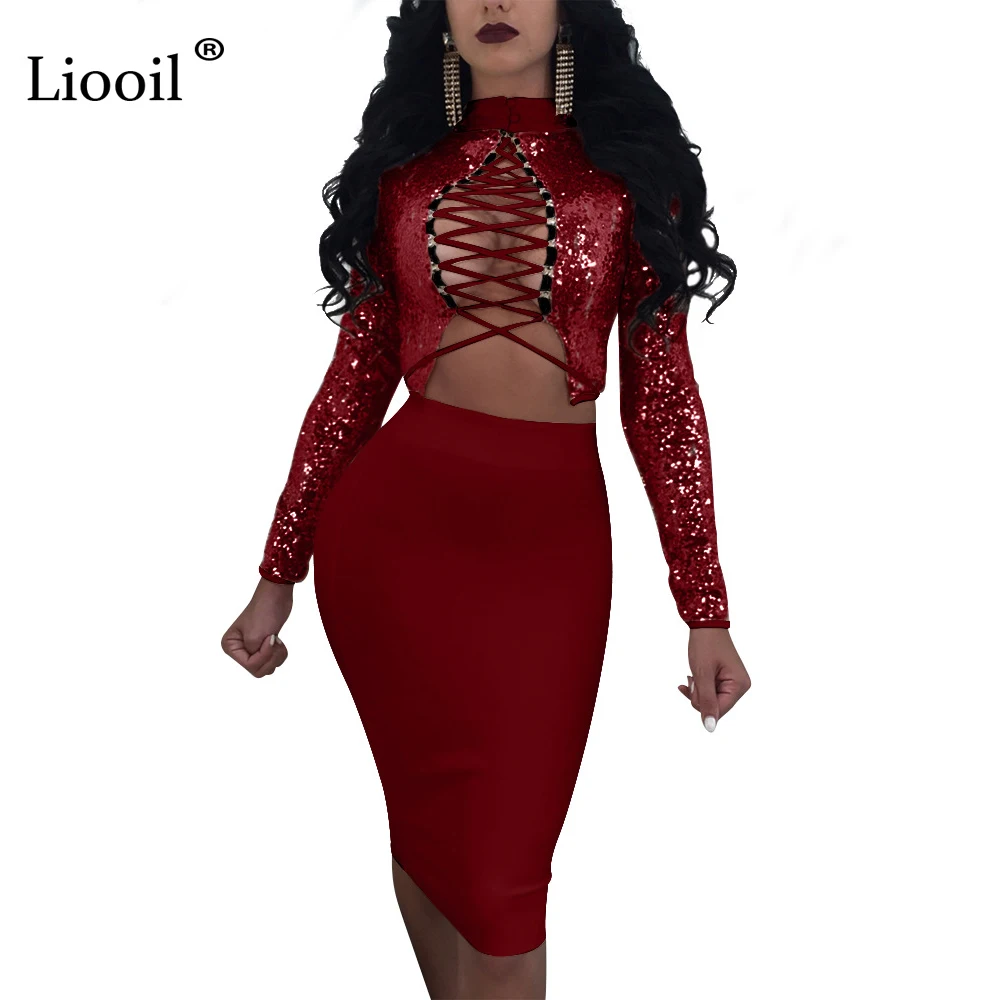 

Liooil Sequin Bandage Dress Lace Up Two Piece Long Sleeve Turtleneck Bodycon Midi Dress Hollow Out Winter Sexy Club Dresses Robe