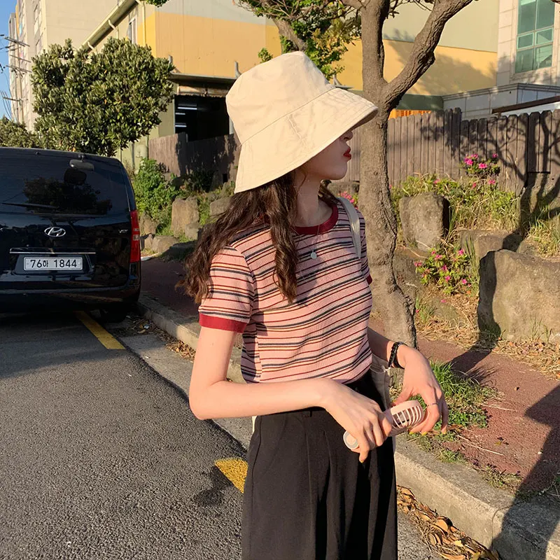 2 цвета, летние топы, в Корейском стиле, в радужную полоску, с коротким рукавом, тонкие футболки, женская футболка, femme(X368