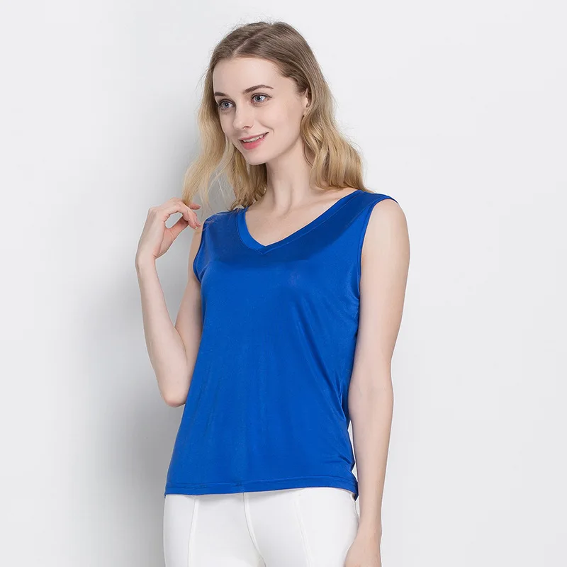 Летние женские настоящие шелковые майки повседневные трикотажные рубашки удобные дышащие свободные футболки с v-образным вырезом 1046 - Цвет: Синий