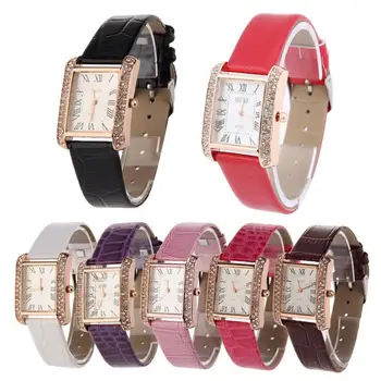 

Women Watches PU Leather Band Ladies Watch Square Face with Crystals Quartz WristWatch