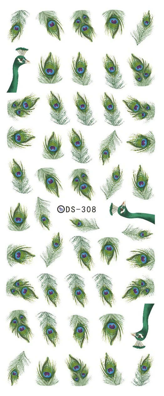 Rocooart DS308 переводные наклейки для ногтей Harajuku элементы зеленое перо павлина наклейки для ногтей Наклейка для маникюра