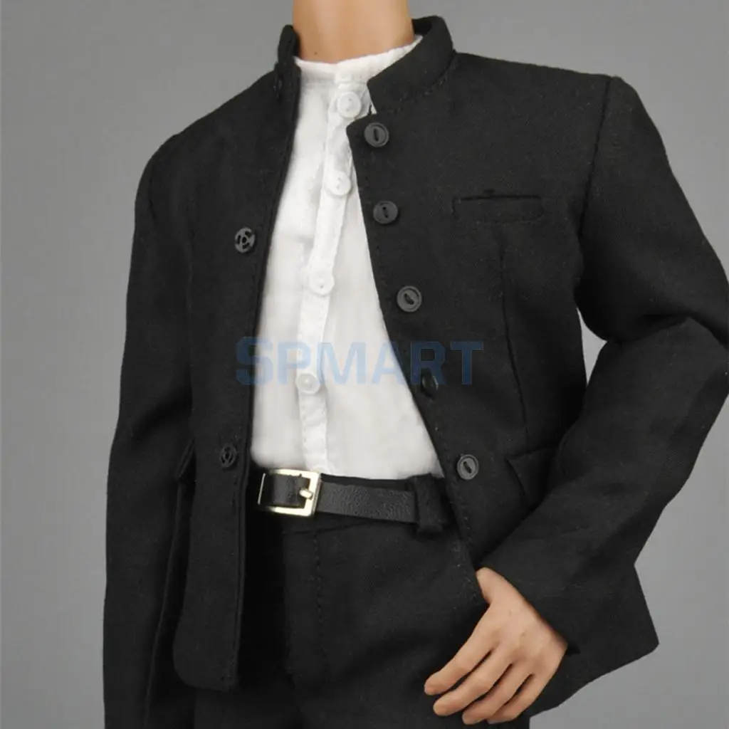 1/6 Scale Black Chinese Tunic Suit Coat Pants Shirt & Belt Set for 12