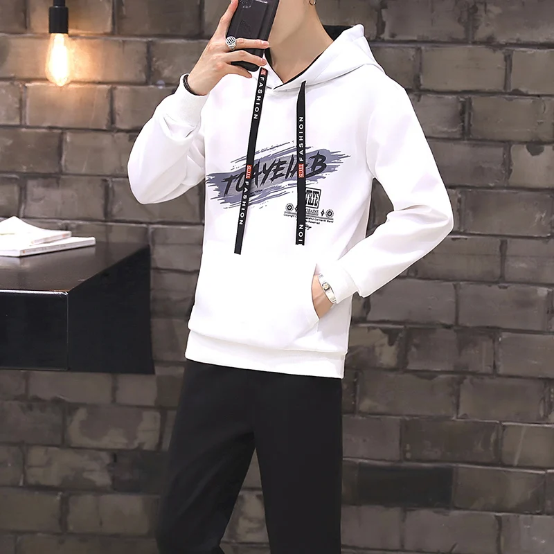 2019 Men's Sets 2 Pieces Sweatsuits Mens Tracksuit Pullover Hoodie and Pants Strips Hooded Sweatshirt Sportswear Mens Clothing
