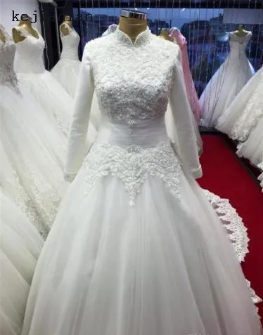 

Long Sleeves Vestido De Noiva Muslim Wedding Dresses Ball Gown Appliques Lace Beaded Boho Dubai Arabic Wedding Gown Bridal