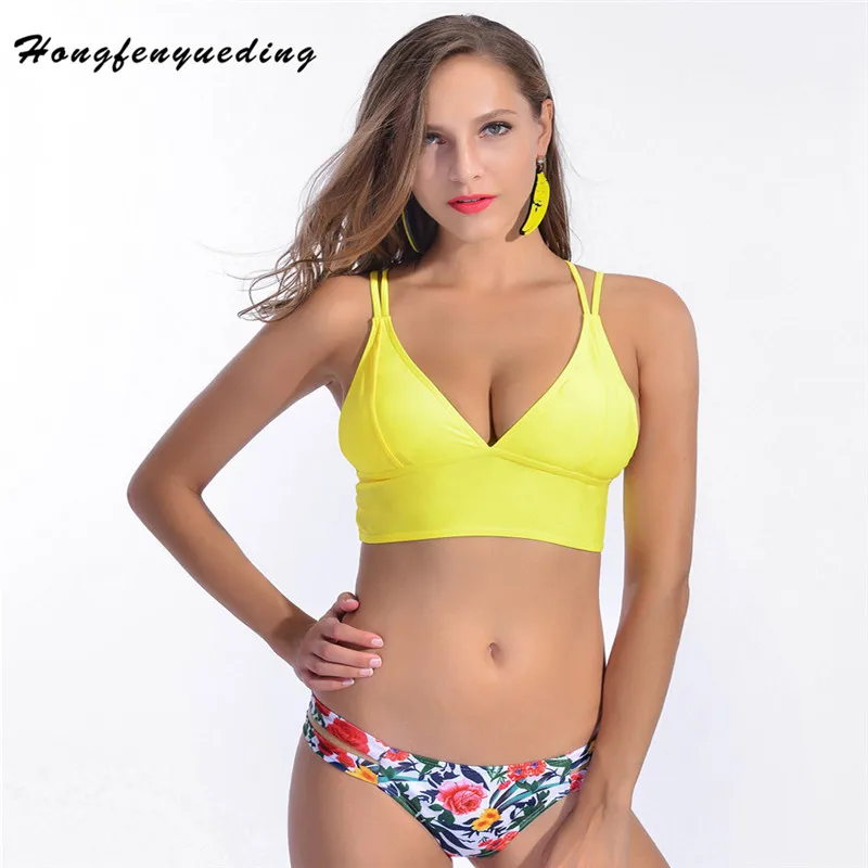 

2016 New Sexy Women High Neck bikini Floral Bathing Suit, Bottom&Top Brazilian Swimsuit Female Swimwear Print Biquines Swim Wear