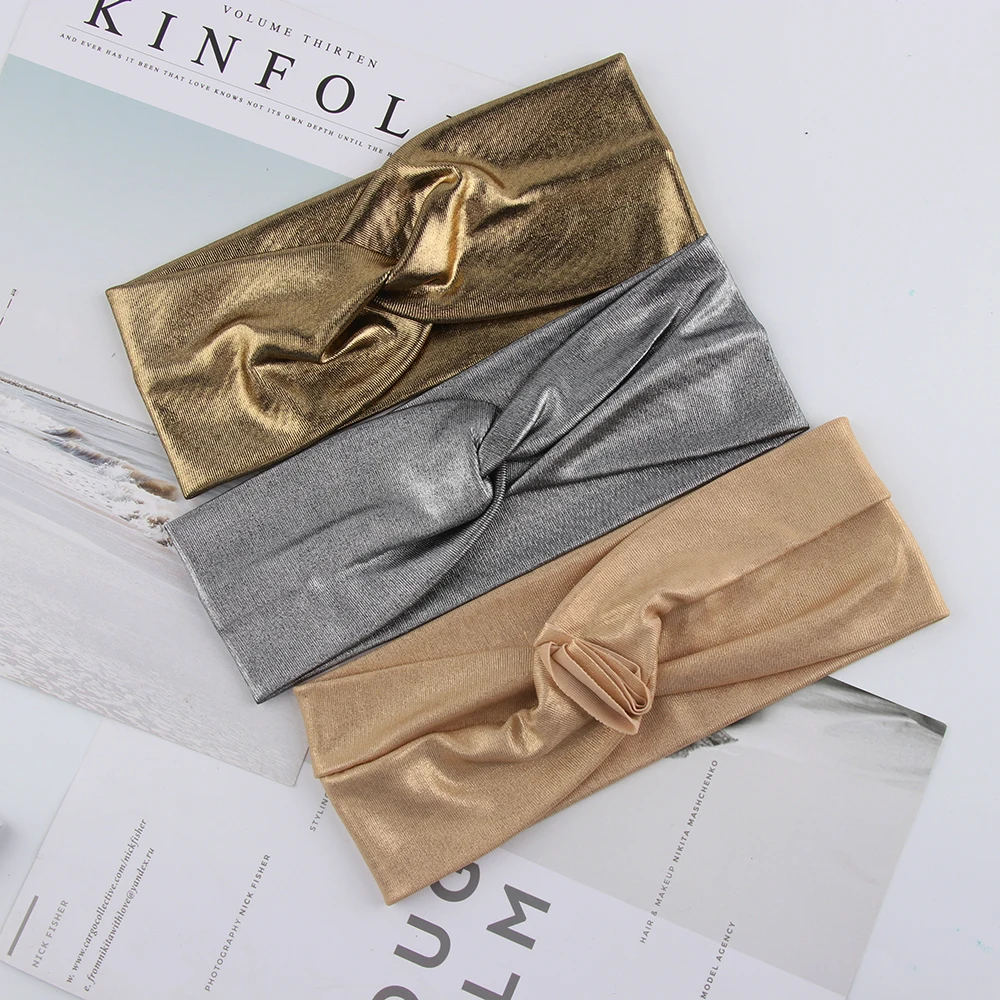 

1PC Shiny Gold Knotted Turban Crossbow Hair Band Women Fashion Elastic Silver Headband Soft Yoga Headwrap Girl Hair Accessories