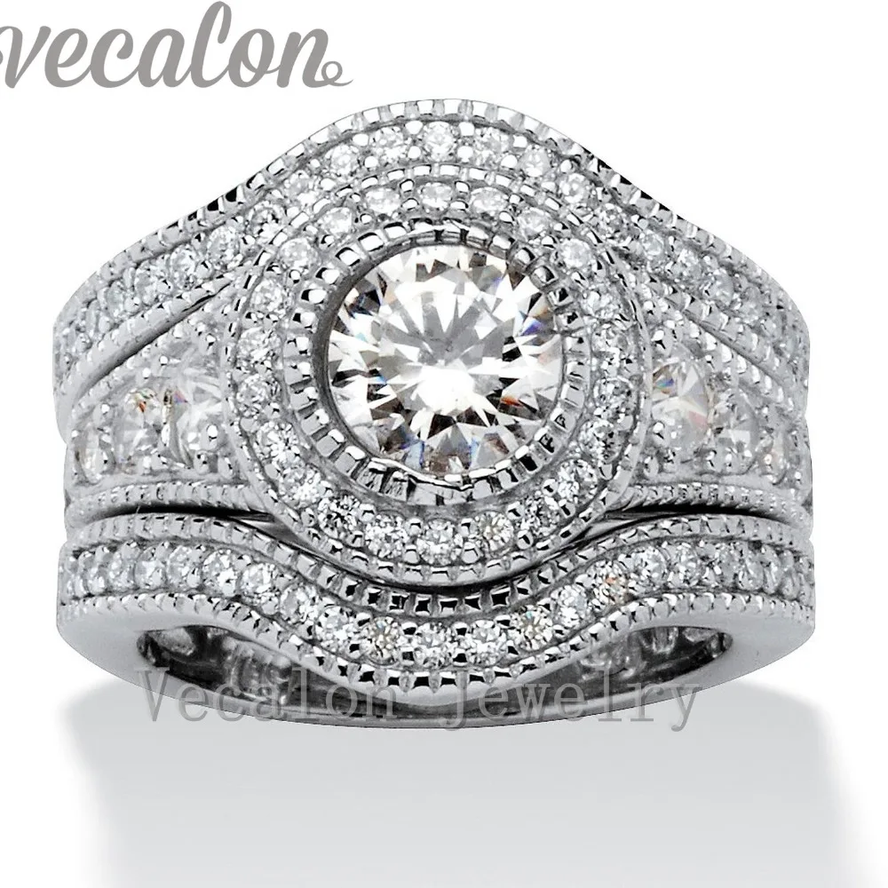 Vecalon Fashion Vintage Engagement Wedding band Ring Set