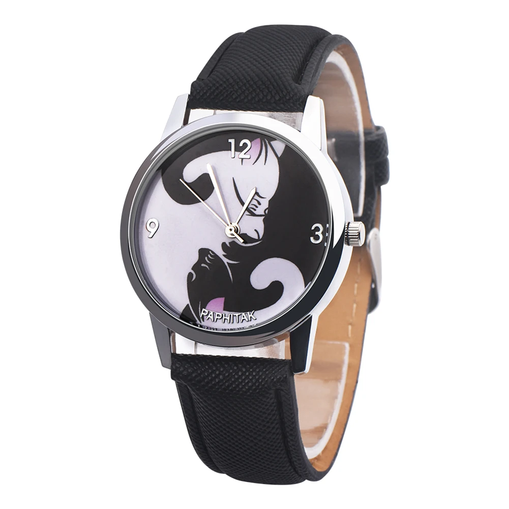 Kids Boys Girls Cartoon Black White Cats Faux Leather Quartz Analog Wrist Watch