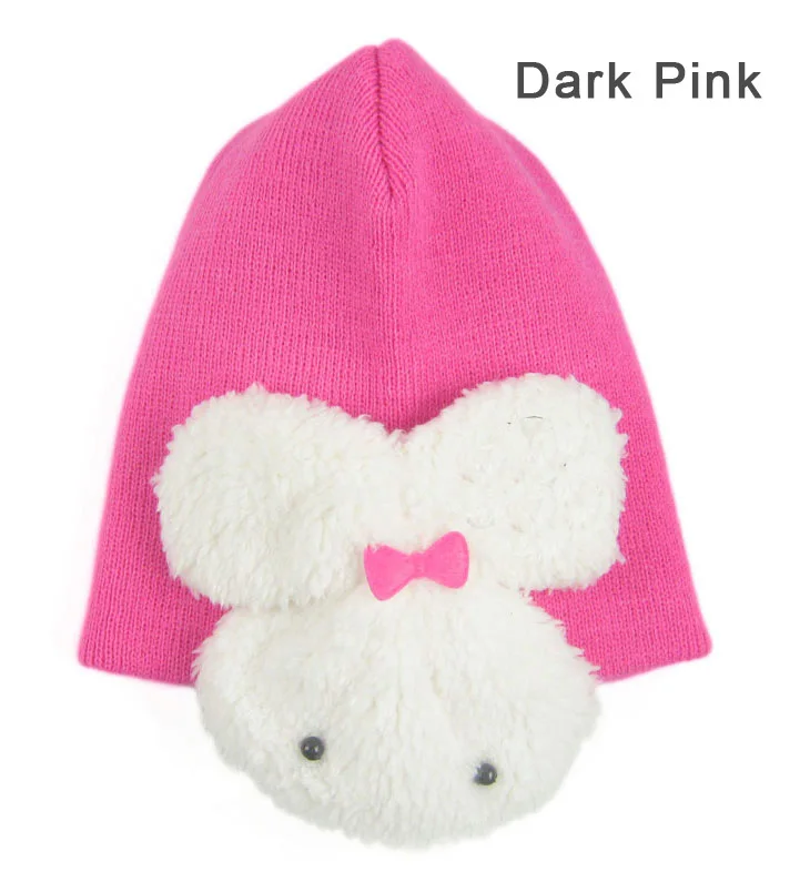 Зимняя шапка для маленьких девочек, вязаная теплая хлопковая шапочка для детей от 4 до 36 месяцев, шапки в форме кролика для маленьких мальчиков и девочек - Цвет: dark pink