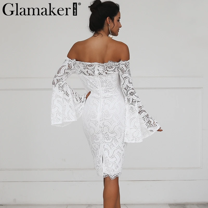 Glamaker, сексуальное кружевное женское платье с открытыми плечами, платье с расклешенными рукавами, облегающее летнее платье, вечерние, элегантные платья, vestido de festa