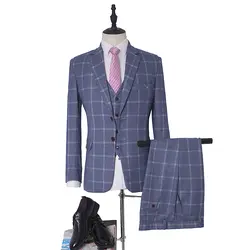 Костюм Homme 2018 Мода Бизнес Для мужчин костюмы смокинги 3 предмета джентльмен классический Для мужчин Slim Fit синий плед Повседневное свадебный