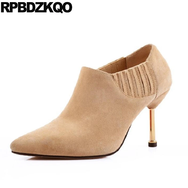 

Metal Heel Boots High Ladies Ankle Short Autumn Shoes Pointed Toe Stiletto Booties 2017 Suede Slip On Female New Nude Fashion