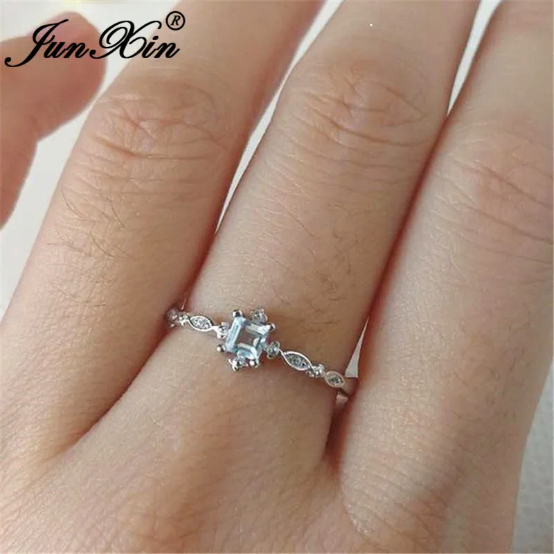 JUNXIN Female Clear Blue Crystal Engagement Rings For Women 925 Silver Filled Small Square CZ Stacking Wedding Thin Ring Jewelry