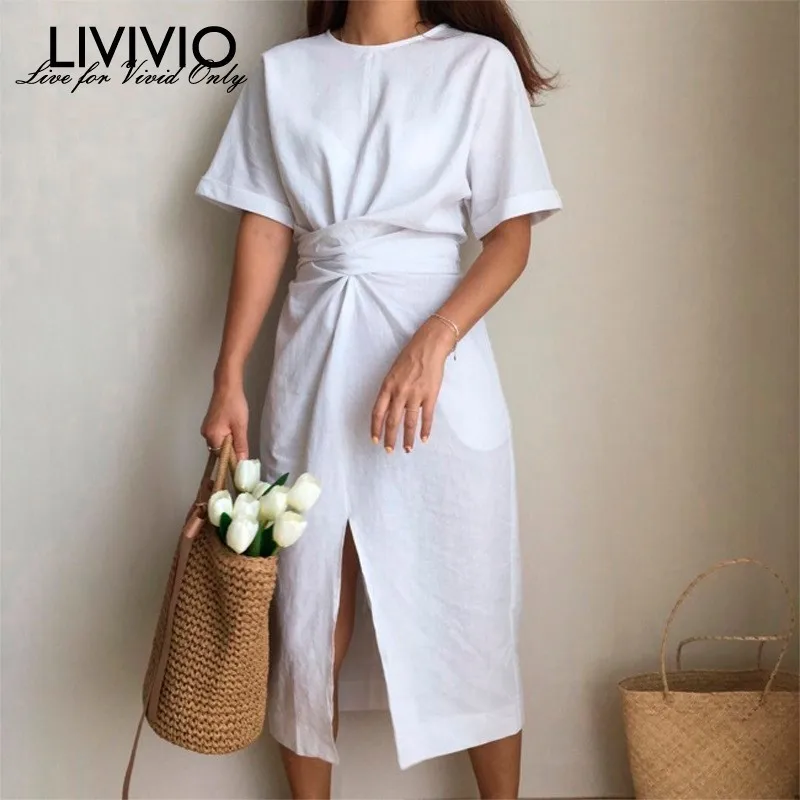 [LIVIVIO] Boho белое платье для женщин с круглым вырезом и коротким рукавом, с высокой талией, с разрезом сбоку, миди платья женские модные летние одежда
