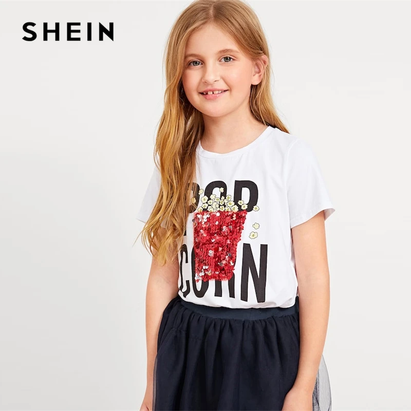 SHEIN Kiddie/белая Повседневная футболка с буквенным принтом и блестками для девочек; топы для девочек; коллекция года; летние корейские футболки с короткими рукавами; Одежда для девочек