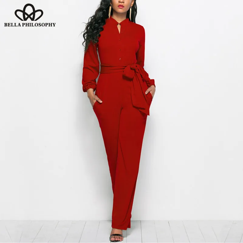 

Bella Philosophy Women With Sashes Ladies Long Sleeve Formal Jumpsuit Elegant Sexy Wide Leg Pants Jumpsuit Overalls 2019