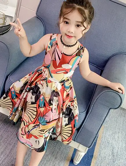 

Girls'Backless Dresses Chiffon New Children's Beach Skirt Summer Dresses Bohemian Skirt TideY26