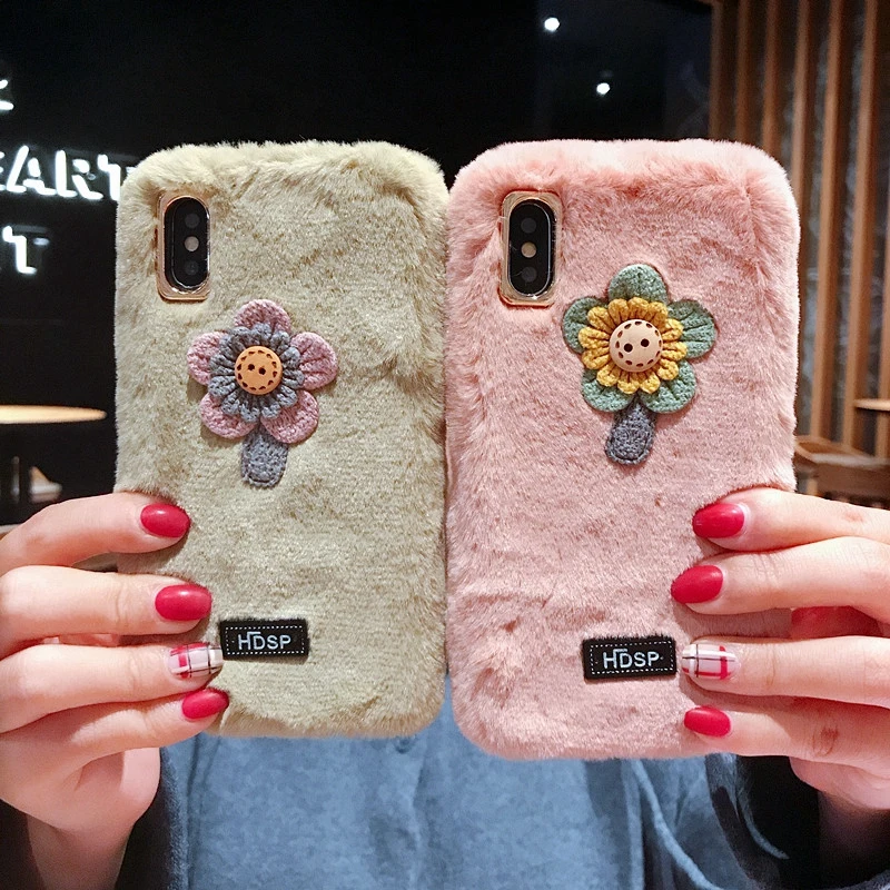 Плюшевый чехол с подсолнухами для iPhone X XR Xs Max 8 7 6 6s Plus мягкий зимний телефона
