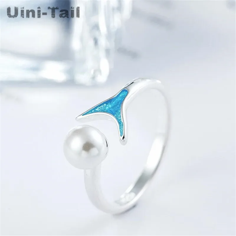 

Uini-Tail New 925 Sterling Silver Pearl Blue Epoxy Fishtail Open Ring Creative Fashion Trend Original Design Pearl Ring GN232
