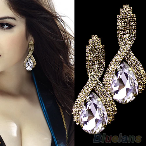 Bluelans Charming Women's Sparkling Rhinestone Luxury Waterdrop Crystal Golden Drop Earrings
