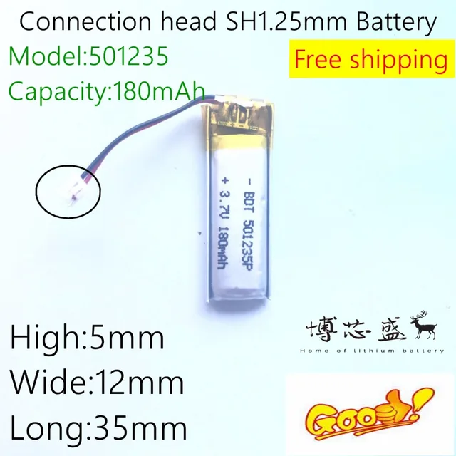 3,7 В 180 мАч Батарея 501235 соединительная головка SH1.25MM 2 P литий-полимерный Li-Po головы литий-ионный Перезаряжаемые батарея для Mp3 MP4 MP5 GP