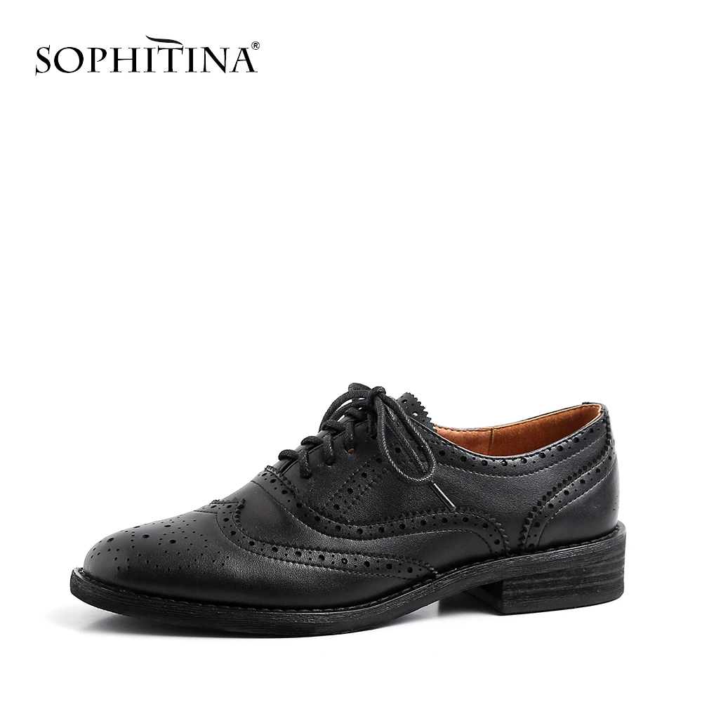 

SOPHITINA Brand New Casual Lace-Up Women Pumps Genuine Leather Square Low Heel Female Shoes Neutral Black Cross-tied Pumps PO62
