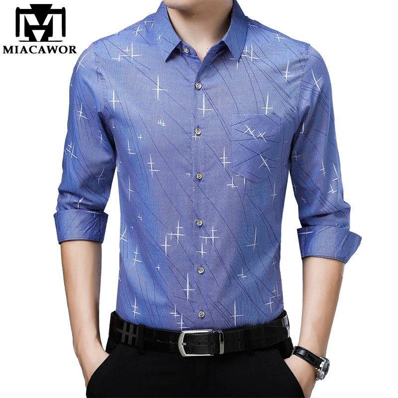 

MIACAWOR 2019 New Print Casual Shirts Men Slim Fit Male Social Shirt Long Sleeve Camisa Masculina Men Clothing C451