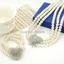 Серебро Сердце Наборы свадебных ювелирных изделий 3 ряда Крем pearl Цепочки и ожерелья, браслет, серьги, свадебные наборы
