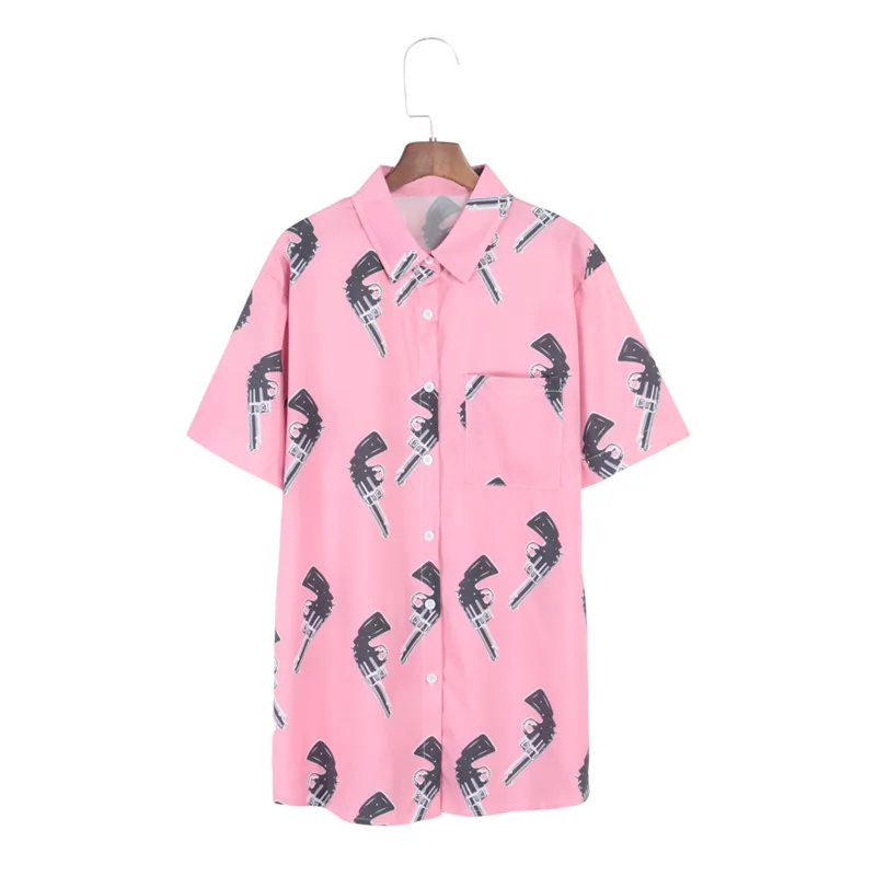 

Pistol Gun Print Blouse Short Sleeve Turn Down Collar Pockets Women Blouses Shirts Spring Summer Casual Loose Blouses Tops