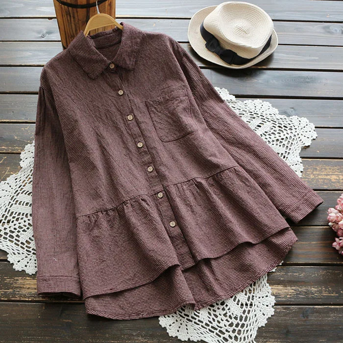 

4165 new spring big size women vintage Japan style loose blouse female cotton linen plaid turndown collar long sleeve shirt tops