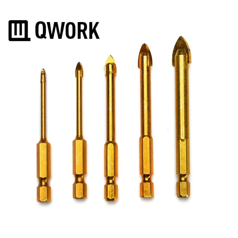 QWORK 5PC Tungsten Carbide Glass Drill Bit Set Titanium Ceramic & Tile