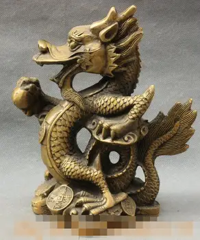 

Free shipping S03057 8.6 Folk Chinese Bronze FengShui Wealth Year Zodiac Dragon YuanBao Coin Statue