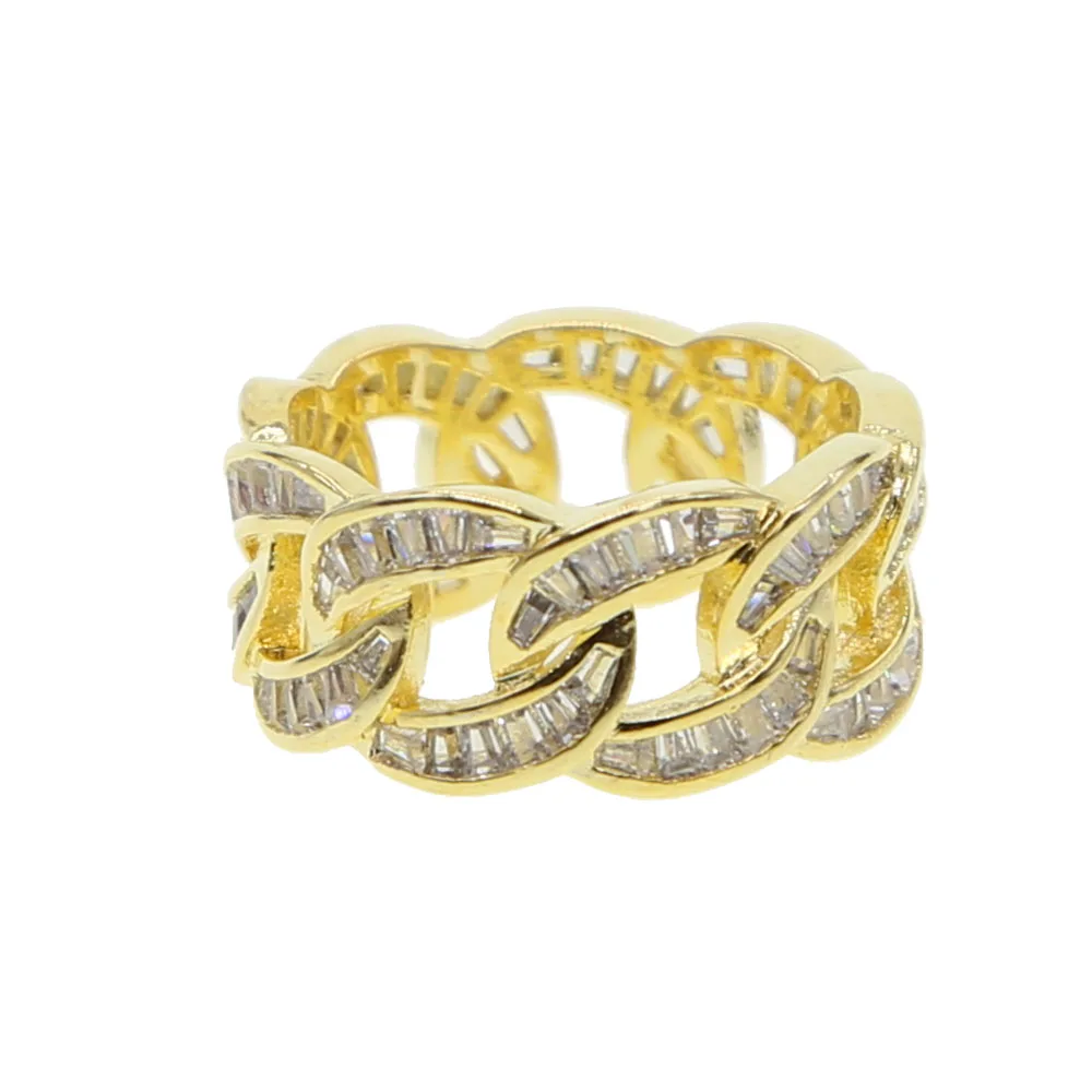 

Gold Color Plated Iced Out Bling Ring Micro Pave Cubic Zircon cuban chain Ring Hip Hop Jewelry For Men With 9 Size elegant drops