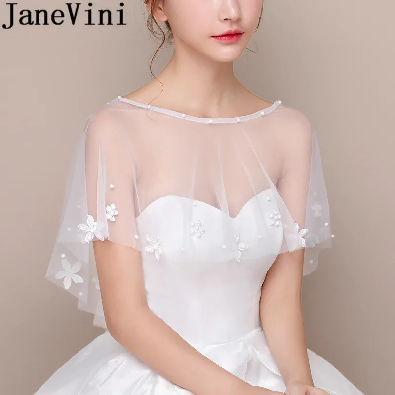 JaneVini Graceful Bride Flowers Wedding Cape Summer White Bolero Girl Tulle Shawl Wrap to Cover Arm Jacket Bridal Cloak Stoles