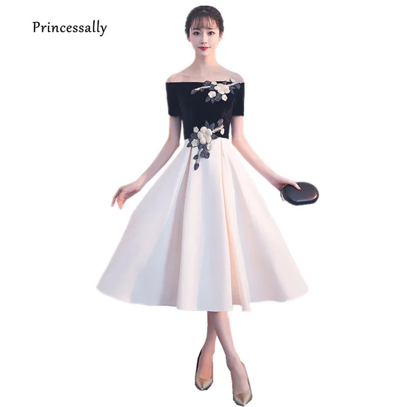 

Vestido De Festa New Evening Dress Tea length Embroidery Flower Sexy Boat Neck Short Sleeve Evening Prom Gown Vestido Formal