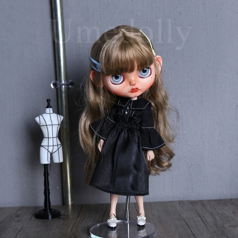 1 шт. Ретро черная атласная юбка для Blythes, OB24, Azone S кукольная одежда Blyth Кукла одежда бабочка рукав рубашка аксессуары