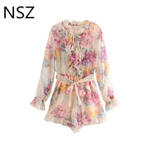 Шифоновый комбинезон с цветочным принтом и оборками, Свободный комбинезон с длинным рукавом, комбинезон с поясом, женские летние комбинезоны для женщин