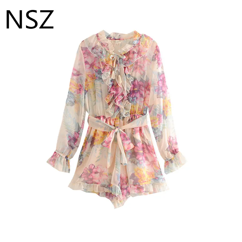 

Floral Print Chiffon Playsuits Ruffles Long Sleeve Loose Jumpsuit Rompers Belt Body Mujer Summer Overalls Female Body for Women