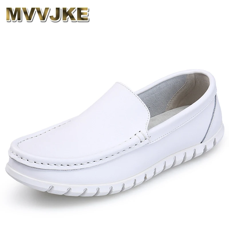 

MVVJKE New Four seasons Fashion Pure white Split soft Comfortable Casual Lovers shoes breathable genuine Leather Nurse shoes