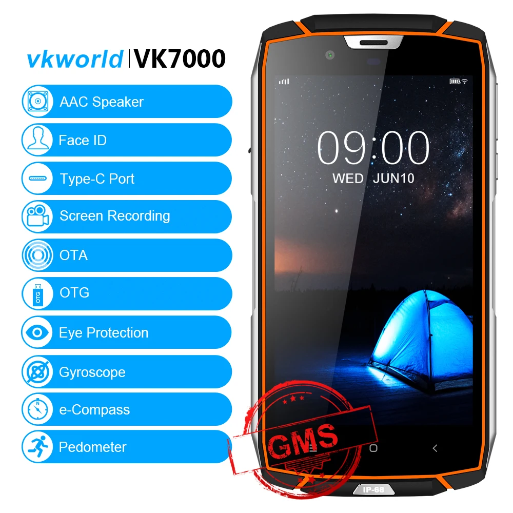 Vkworld VK7000 IP68 Водонепроницаемый смартфон 5," MTK6750T Быстрая зарядка 5 V/2A 5600 mAh Android 8,0 Беспроводной зарядки 4 Гб Оперативная память 64 Гб Встроенная память