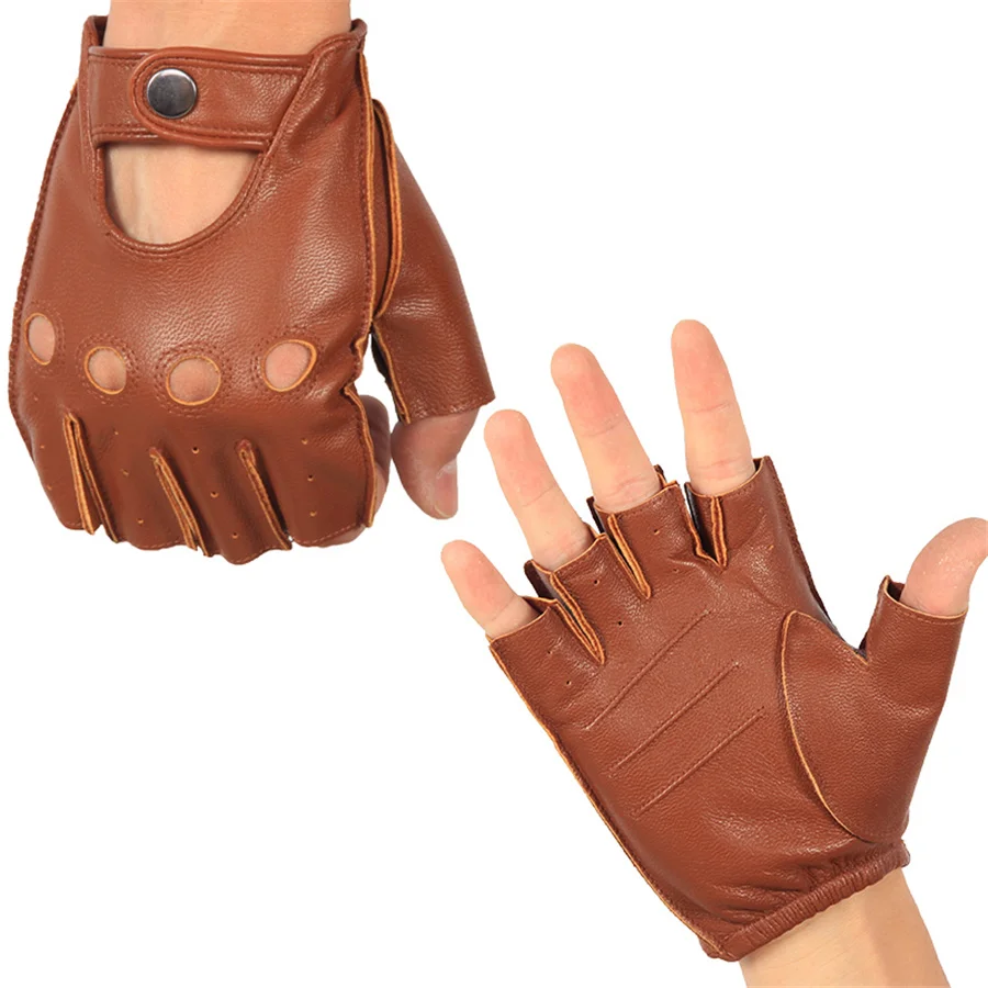 Men's Half Finger Real Leather Gloves Driving Unlined Sheepskin