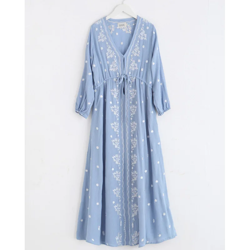 

PERHAPS U blue bohemian boho embroidery v neck 3/4 lantern sleeve loose midi dress plus size women beach female D0295