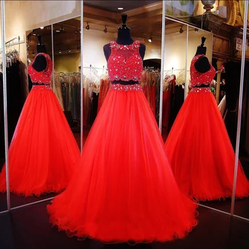 

Vestido De Festa Longo Two Piece Jersey Prom Dresses 2019 With Lace Applique And Beading O-Neck Long Prom/Party Dress