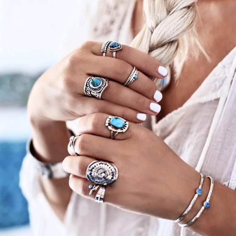 

AY 8 Pcs/set Bohemian Retro Green Stone Flower Leaves Hollow Geometric Big Silver Ring Set Women Wedding Anniversary Gift