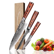 SUNNECKO 3PCS Kitchen Knife Set Chef Boning Paring Knives Damascus Japanese VG10 Steel Pakka Wood Handle Sharp Cutter Chef Knife
