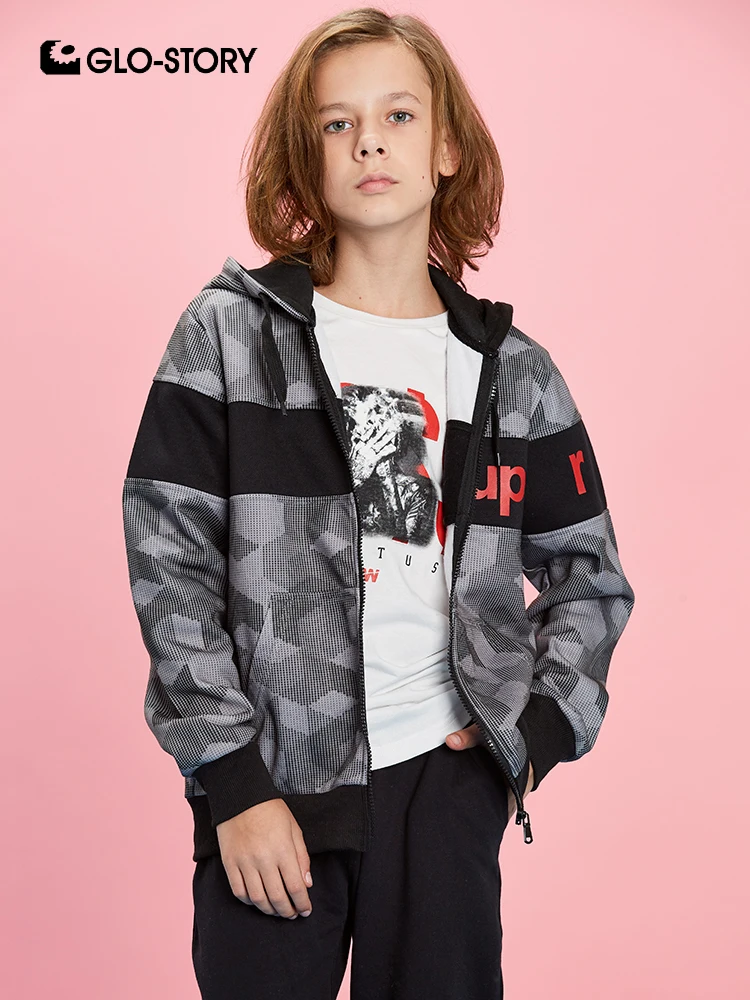 

GLO-STORY 2019 New Spring Children's Modis Letter Patchwork Geometric Sweatshirt for A Boy Kids Hoodies Zipper Fly BPU-8257