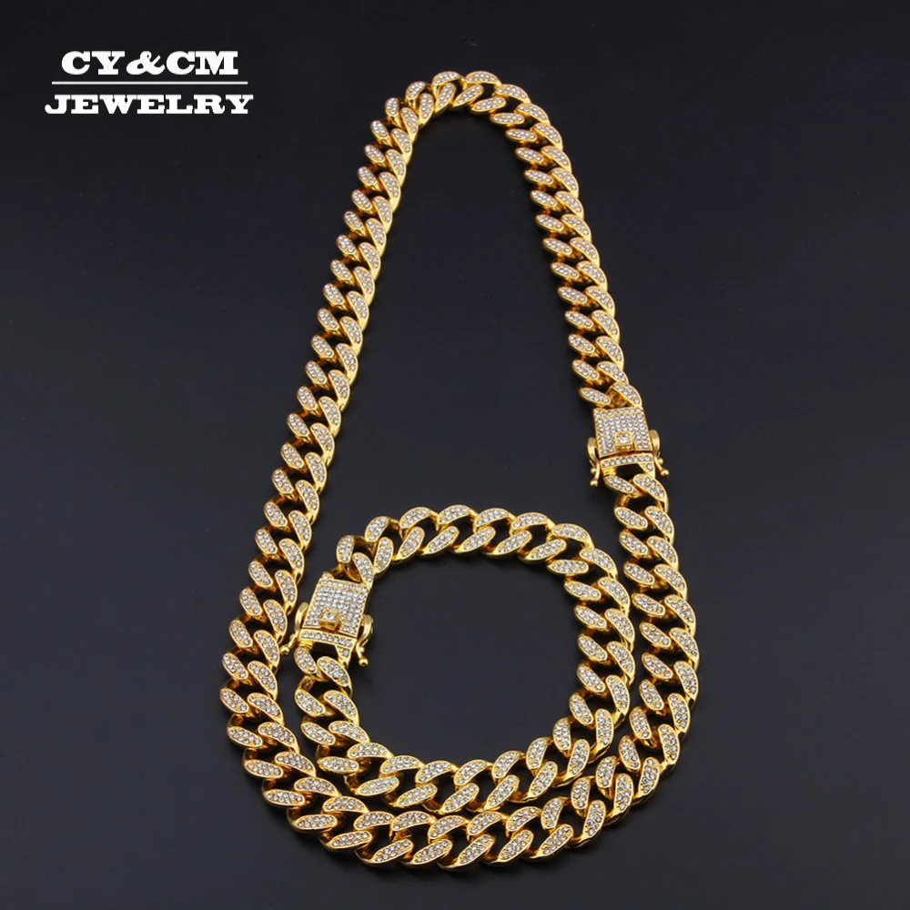 

Heavy Miami Cuban Link Chain Bracelet Necklace Set Gold Silver Plated Choker Men's Hip hop Full Rhinestones Women Punk Necklaces